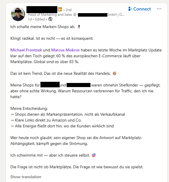 Die Marktplatz-Falle: 83% Volumen, 95% Händlersterben 3 LinkedIn-Post Marktplatz Update mit Frontzek und Mokros